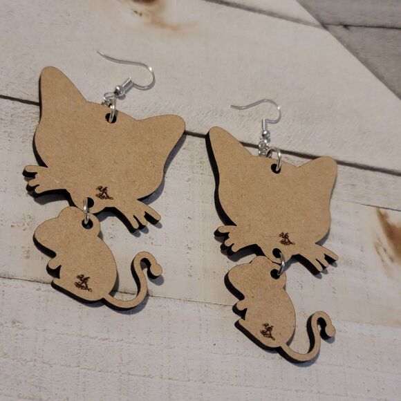 Handmade Cat & Mouse Earrings - Laser Cut Wood Dangle Jewelry Gift 4 Pet Lovers - Picture 6 of 8